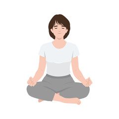 Woman sitting cross legged in meditation pose, practicing mindfulness for inner peace. Flat vector illustration isolated on white background