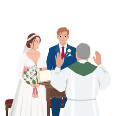 Catholic wedding ceremony with bride and groom standing in front of a priest, symbolizing marriage. Flat vector illustration isolated on white background