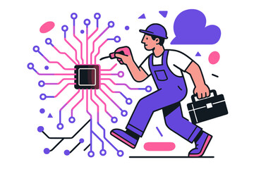 Futuristic Circuitry Art. Circuit Board. An electrician working on a large abstract circuit board, glowing geometric lines spreading out like branches.