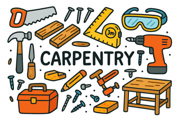 Colorful Carpentry Doodles. Carpentry. Colorful Hand-drawn doodle Children illustration Saw, hammer, nails, wooden planks, ruler, tape measure, toolbox, drill,