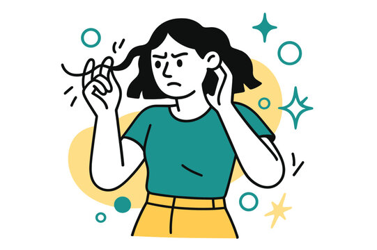 Dynamic Hair Twirling. Hair Twirling. A glowing character twisting hair strands, abstract floating circles and spark shapes showing restlessness. Modern