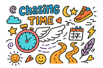 Chasing Time Doodle. Chasing Time. Colorful Hand-drawn doodle Children illustration stopwatch, running shoes, wings, star, sun, moon, cloud, swirl, heart,