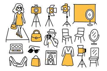 Fashion Studio Icons. Studio Shoot. Hand-drawn doodle illustration studio shoot model (accented), camera, tripod (accented), spotlight, fashion outfit, high