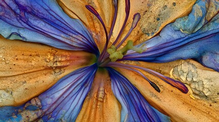 Close up shot of abstract flower blossom with blue and orange color art