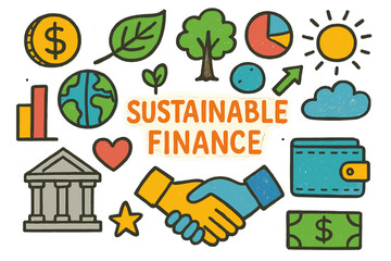 Fototapeta premium Sustainable Finance Doodles. Sustainable Finance. Colorful Hand-drawn doodle Children illustration dollar coin, leaf, tree, globe, bar chart, pie chart, arrow,