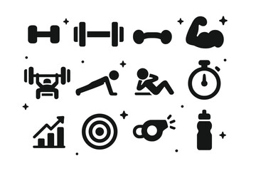 Obraz premium Strength Training Icons. Strength training. Solid icons set of Strength training: dumbbell, barbell, kettlebell, muscle arm, bench press, push-up figure,