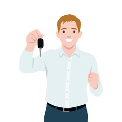 Smiling man holding a car key, representing buying a new car, success, or car dealership. Flat vector illustration isolated on white background