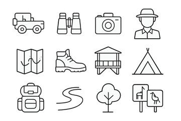 Eco-Tourism Icon Set. Eco-tourism. Line icon set of Eco-tourism: safari vehicle, binoculars, camera, guide, map, hiking boots, observation deck,