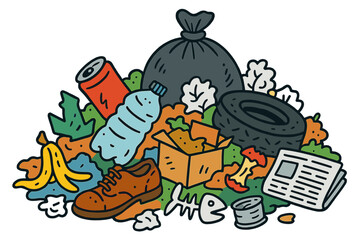 Colorful Garbage Doodle. Garbage Heap. Colorful Hand-drawn doodle Children illustration garbage heap trash bag, soda can, plastic bottle, broken glass,
