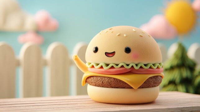 Adorable cartoon burger character with a happy smile in a playful, whimsical outdoor setting perfect for children's content and fun food promotions