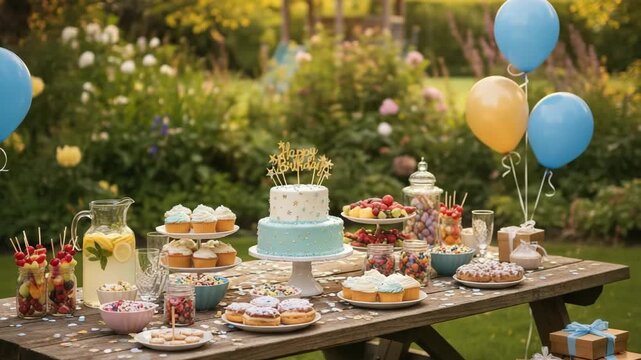 Colorful outdoor birthday party table with cake and desserts  