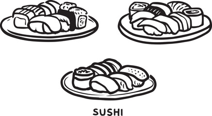Three plates of sushi isolated on white background in black and white