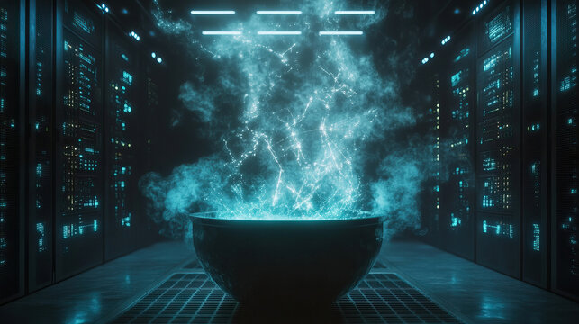 Cauldron with quantum entanglement effects, particles blinking in and out of existence, floating in data center with server lights, digital smoke forming equations - Powered by Adobe