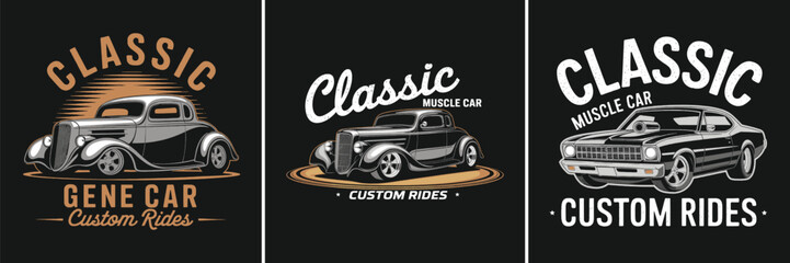 Classic muscle car custom rides vintage automotive illustration with retro typography emblem badge artwork for poster sticker logo and t shirt design
