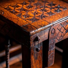 Close up shot of old rustic wooden table with carving details, top view
