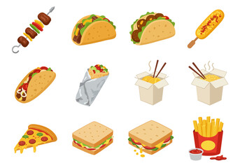 Assorted Fast Food Icons Colorful Vector Set of Street Food Favorites