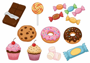 Sweet Treats An Array of Cartoon Candies and Baked Goods Illustration