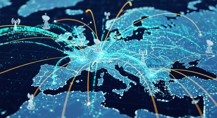 A digitized map displays a communication network across landmasses featuring glowing lines connecting points satellite dishes and transmission towers