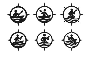 Fototapeta premium River Kayak Logos. Kayaking in Rivers. Set Logo of Kayaking in Rivers: compass. harmonious logo variations of the same emblematic concept, each with different