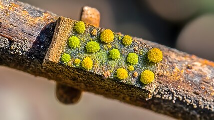 Closeup on a piece of wood with round yellow and green spores growing on it.