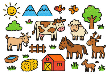 Obraz premium Pasture Paradise. Pasture life. Colorful Hand-drawn doodle Children illustration Pasture life cow, sheep, goat, horse, deer, tree, grass, hay, fence, bird,