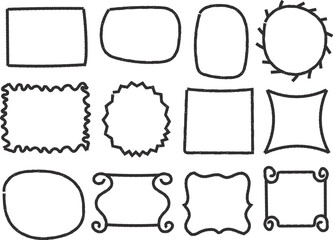 Hand drawn frame set. Rough doodle borders and sketch frames in freehand brush style. Outline shapes for creative and decorative design. Vector illustration