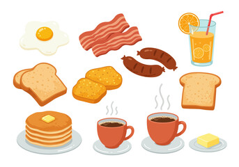 Delectable Breakfast Still Life Toast, Eggs, Bacon, Coffee, and Pancakes Illustration