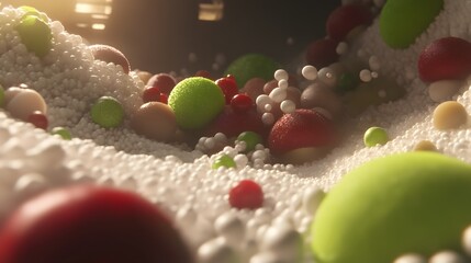 Abstract fruit arrangement with white beads creating a dreamy surreal landscape