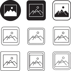 Nine mountain image icons in varying frames on transparent background silhouette