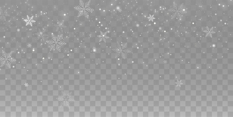 Snowfall background, white snowflakes vector, winter cold weather design. Many falling snow flake elements on transparent background, frosty air texture, frozen crystal particles overlay.	
