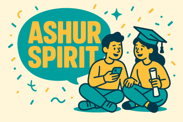 Fototapeta premium Ashur Spirit Celebration. Ashur Spirit banner, flat vector illustration, bold oversized text inside rounded blob, cartoon characters sitting and chatting,