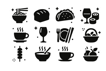 Global Cuisine Icons. Food cultures. Solid icons set of Food cultures: bowl of noodles, bread loaf, taco, sushi roll, tea cup, wine glass, chopsticks, plate