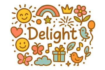 Delightful Doodle Icons. Delight. Hand-drawn doodle illustration of Delight. sun, rainbow, smiley face, heart,