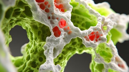 Abstract porous structure with green, white and red, detailed macro shot