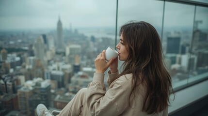 Fototapeta premium Woman drinking coffee overlooking New York City