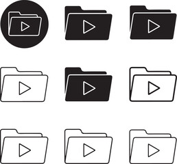 Nine black folder icons with play buttons on transparent background silhouette