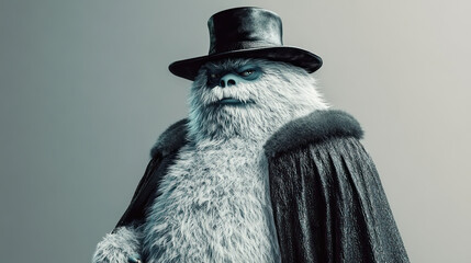 Fluffy yeti wearing a magician's cape and hat, isolated on a solid silver background