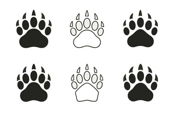 Diverse Bear Tracks. Animal footprints. Set Logo of bear tracks: large paw print with claws. harmonious logo variations of the same emblematic concept, each
