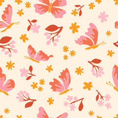 Whimsical Pastel Floral Pattern in Warm Pink and Mustard Tones This cheerful hand-drawn floral pattern features delicate blooms and foliage in soft shades of pink, yellow, orange, and mustard. 