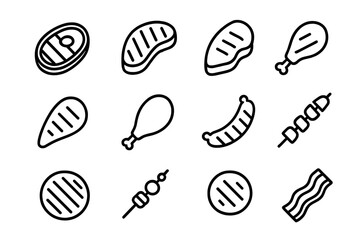 Grilled Meats Icons. Grilled meats. Line icon set of Grilled meats: steak, ribs, pork chop, lamb skewer, chicken breast, turkey leg, grilled sausage, beef