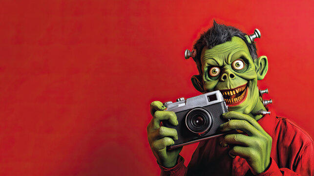 Friendly cartoon Frankenstein's monster taking a selfie with an old camera, big grin, isolated on a solid red background.