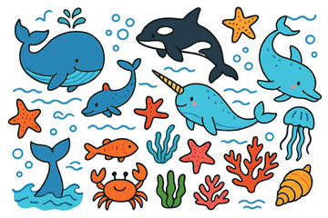 Naklejka premium Colorful Marine Life Doodle. Whales. Colorful Hand-drawn doodle Children illustration Blue whale, orca, narwhal, tail fin, dolphin, fish, waves, starfish,
