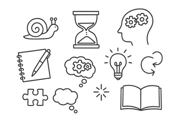 Slow Ideation Symbols. Slow ideation process. Hand-drawn doodle illustration slow ideation process snail doodle, turtle walking, hourglass sand timer, brain