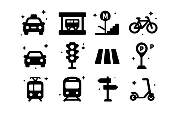 Transportation Icons Grid. Transportation Hubs. Solid icons set of Transportation Hubs: Taxi, Bus Stop, Subway Entrance, Bicycle, Car, Traffic Light,