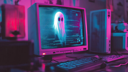 Glitchy, translucent digital ghost trapped inside an old CRT computer monitor, trying to reach out