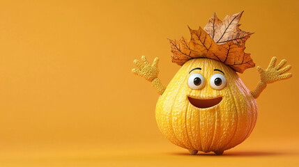 Happy acorn squash waving happily, wearing leaf hat, big friendly eyes, isolated on solid autumn orange background