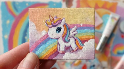 Adorably whimsical unicorn with rainbow mane and wings lands on fluffy clouds, bringing magical joy and vibrant fantasy to any creative project.