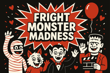 Fototapeta premium Monster Party Extravaganza. Fright Monster Madness banner, flat vector illustration, bold oversized text inside comic burst, cartoon characters standing and