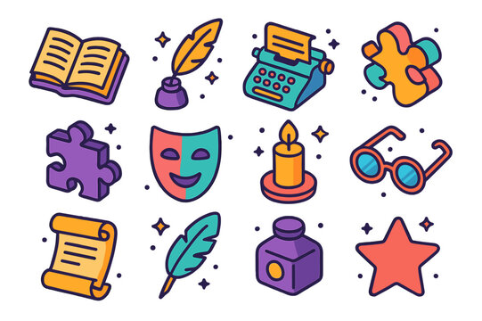 Literary Fusion Icons. Literary Fusion. Colorful isometric vector icons set of literary fusion: open book, quill, typewriter, abstract shape, puzzle piece,