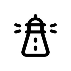 Illustration of a black and white lighthouse with light beams emanating from it on both sides of the tower